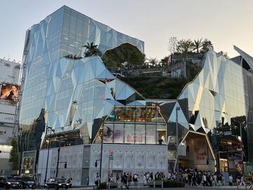 Mirrored building with garden on top