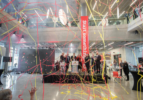 people celebrating at Hunter Student Commons opening event