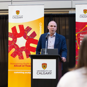 A person presenting at a podium with pull-up banners behind them