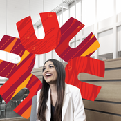 A student in a meeting pod