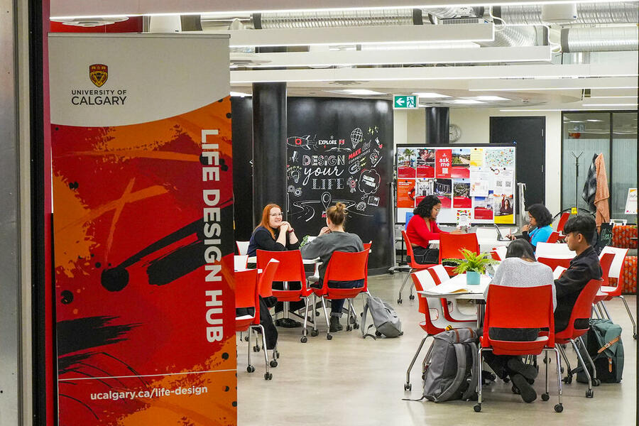 an image of the life design hub with students and a banner in the forefront