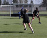 Athletes performing run and cut to shot on net drill