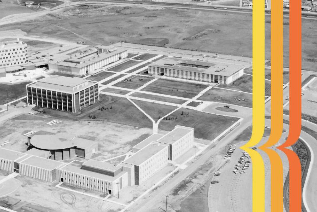 A black and white image of a campus with a branded overlay